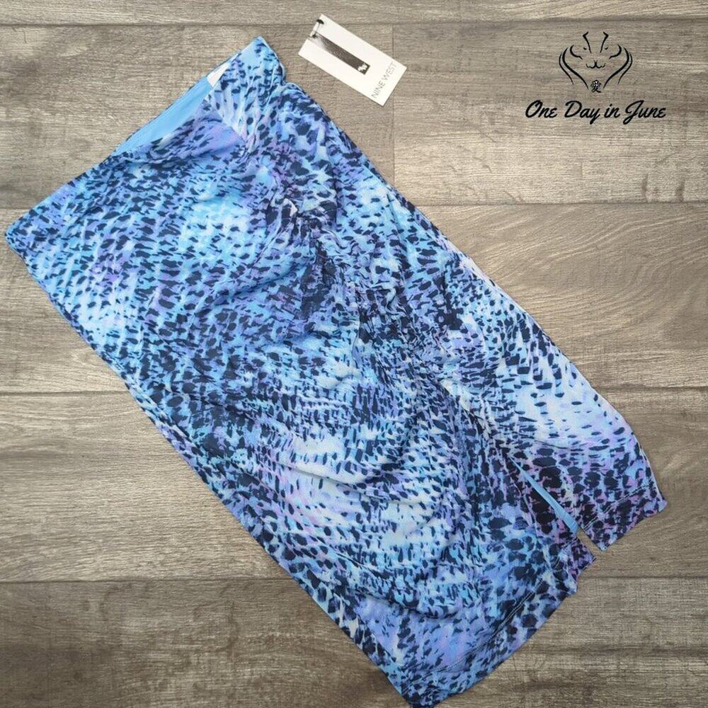 Nine West Bodycon Midi Skirt Blue Black Abstract Ruched Side Slit NWT $79 Size S